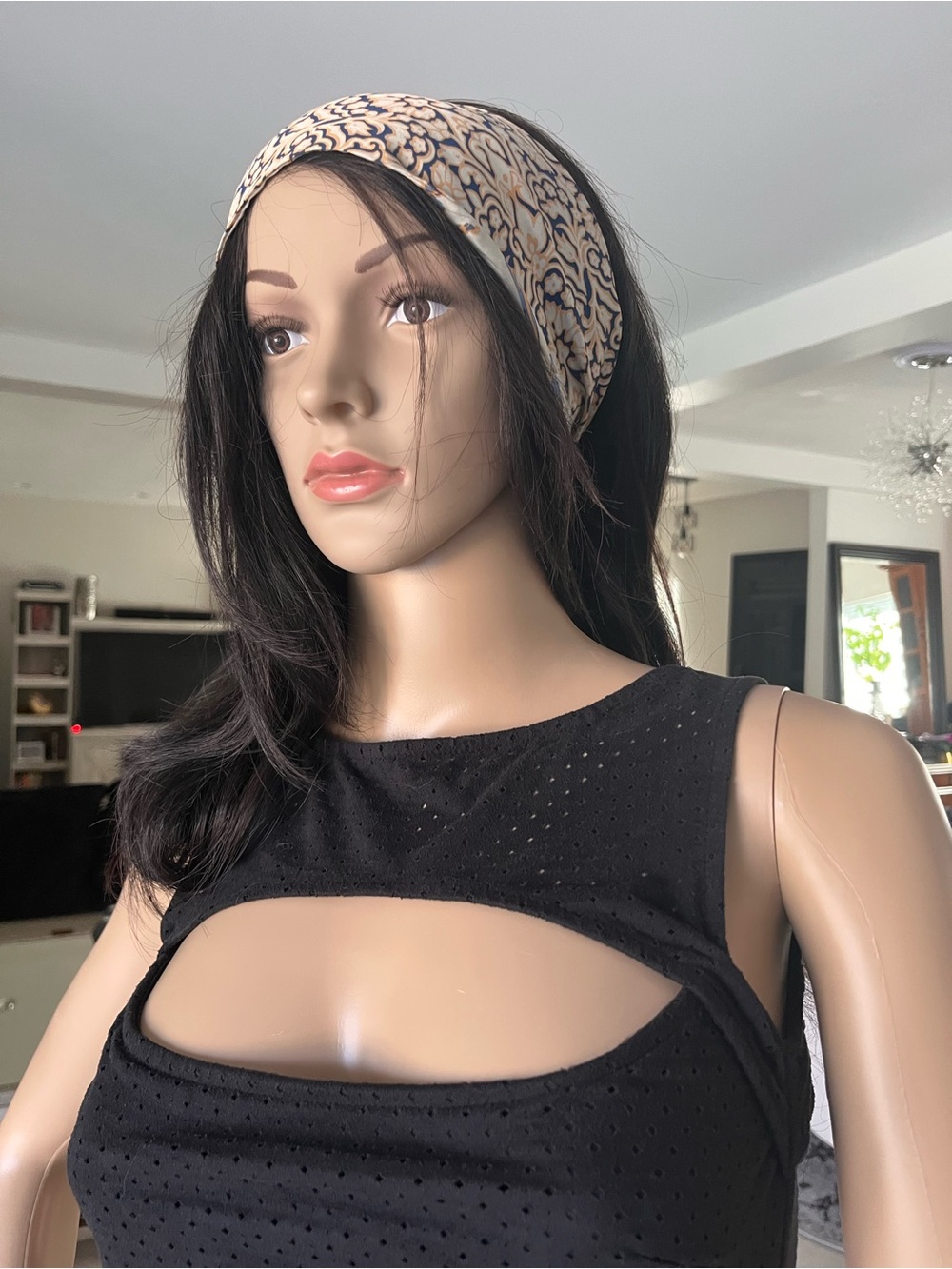 Talbots Navy and Beige Patterned Silk Head Scarf double sided